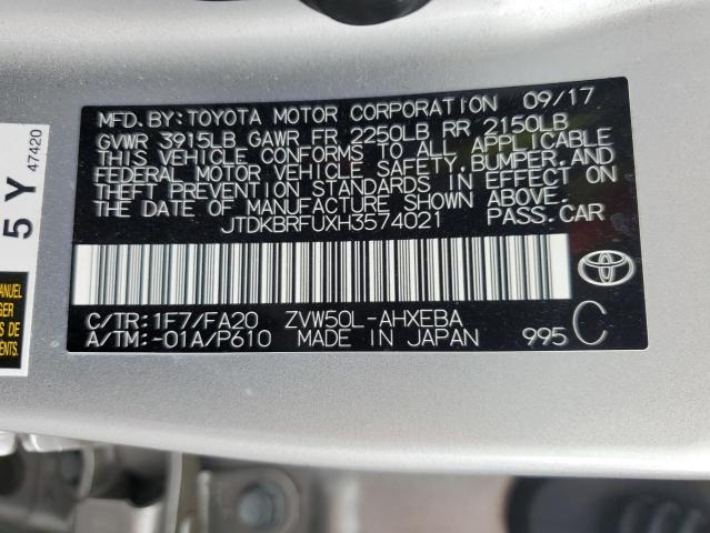 JTDKBRFUXH3574021 - 2017 TOYOTA PRIUS SILVER photo 13