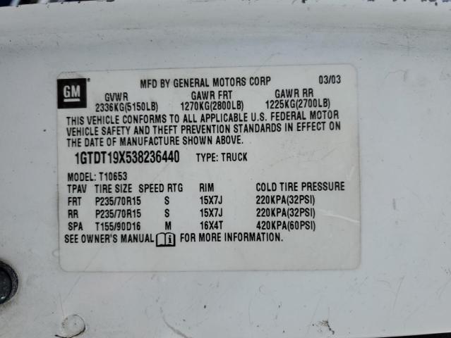 1GTDT19X538236440 - 2003 GMC SONOMA WHITE photo 12