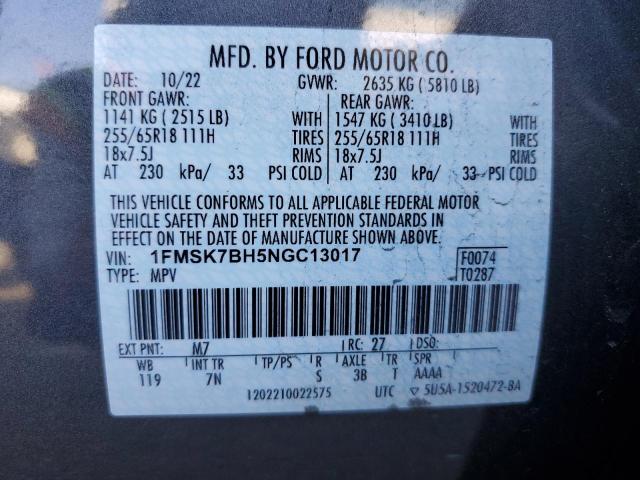 1FMSK7BH5NGC13017 - 2022 FORD EXPLORER GRAY photo 12