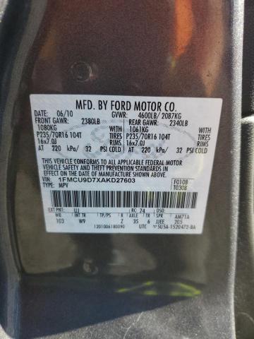1FMCU9D7XAKD27603 - 2010 FORD ESCAPE XLT GRAY photo 13