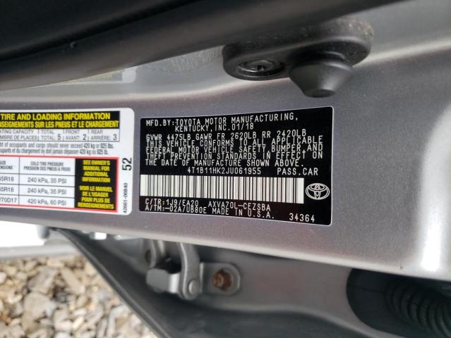 4T1B11HK2JU061955 - 2018 TOYOTA CAMRY L ვერცხლისფერი ფოტო 12