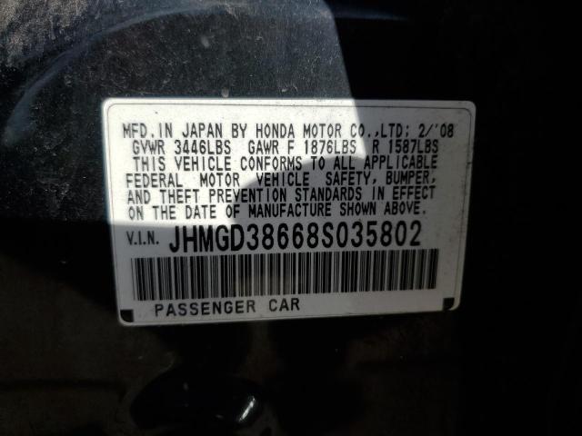 JHMGD38668S035802 - 2008 HONDA FIT SPORT შავი ფოტო 12