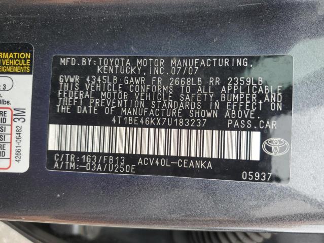 4T1BE46KX7U183237 - 2007 TOYOTA CAMRY CE GRAY photo 12