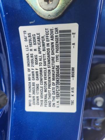 19XFC1F39KE004454 - 2019 HONDA CIVIC EX BLUE photo 12
