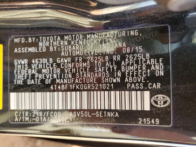 4T4BF1FK0GR521021 - 2016 TOYOTA CAMRY LE შავი ფოტო 12