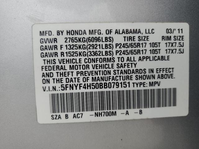 5FNYF4H50BB079151 - 2011 HONDA PILOT EXL SILVER photo 13