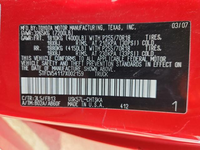 5TFCV54117X002159 - 2007 TOYOTA TUNDRA DOUBLE CAB SR5 RED photo 12