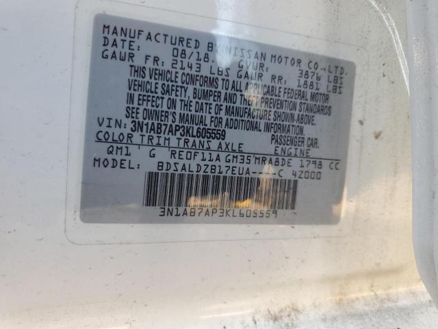 3N1AB7AP3KL605559 - 2019 NISSAN SENTRA S Beyaz fotoğraf 13