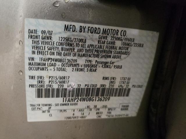 1FAHP24W08G136209 - 2008 FORD TAURUS SEL SILVER photo 12