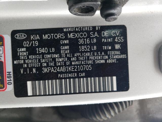 3KPA24AB1KE210705 - 2019 KIA RIO S SILVER photo 12