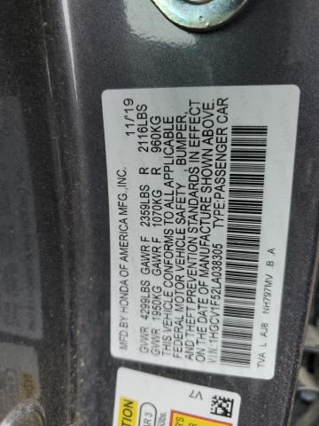 1HGCV1F52LA038305 - 2020 HONDA ACCORD EXL GRAY photo 12
