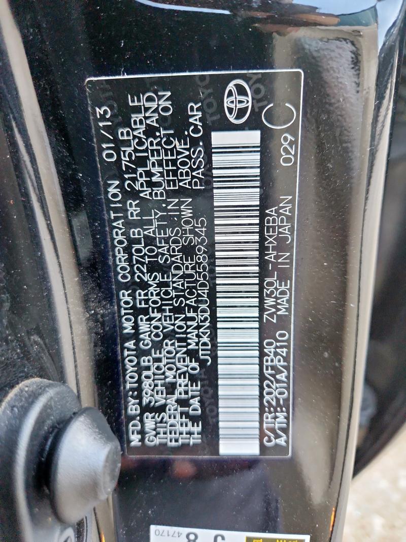 JTDKN3DU4D5589345 - 2013 TOYOTA PRIUS BLACK photo 12