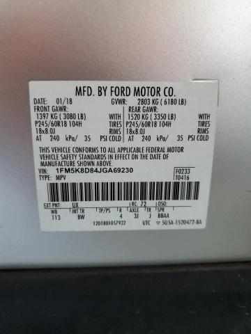 1FM5K8D84JGA69230 - 2018 FORD EXPLORER XLT Արծաթագույն լուսանկար 14