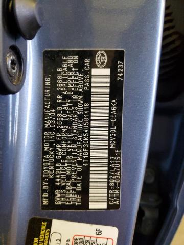 4T1BF30K54U581418 - 2004 TOYOTA CAMRY LE BLUE photo 12