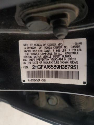 2HGFA16589H367951 - 2009 HONDA CIVIC LX BLACK photo 12
