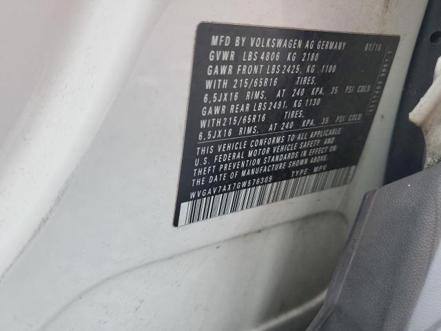 WVGAV7AX7GW576309 - 2016 VOLKSWAGEN TIGUAN S WHITE photo 12