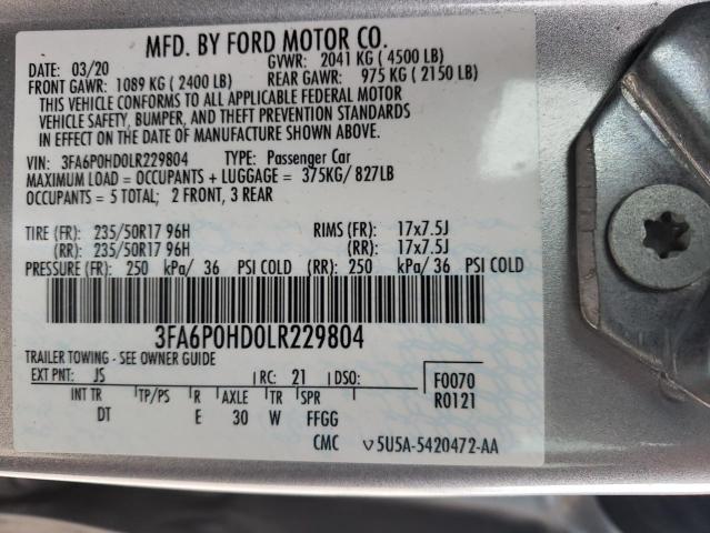 3FA6P0HD0LR229804 - 2020 FORD FUSION SE SILVER photo 12