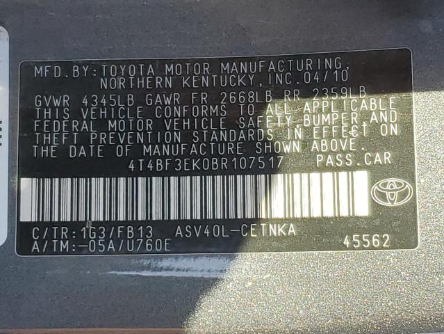 4T4BF3EK0BR107517 - 2011 TOYOTA CAMRY BASE CHARCOAL photo 13