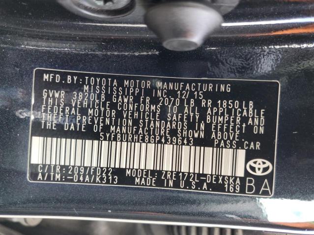 5YFBURHE8GP439643 - 2016 TOYOTA COROLLA L BLACK photo 12