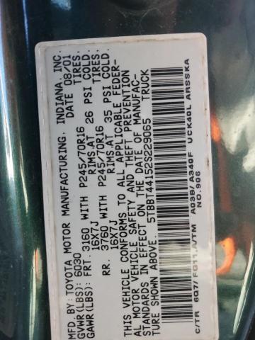 5TBBT44152S229065 - 2002 TOYOTA TUNDRA ACCESS CAB მწვანე ფოტო 12