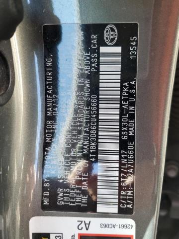 4T1BK3DB6CU456660 - 2012 TOYOTA AVALON BASE 灰色 照片 12