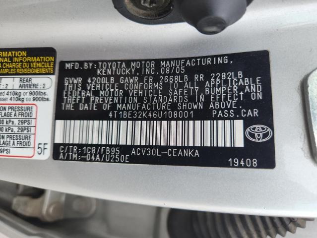 4T1BE32K46U108001 - 2006 TOYOTA CAMRY LE SILVER photo 12