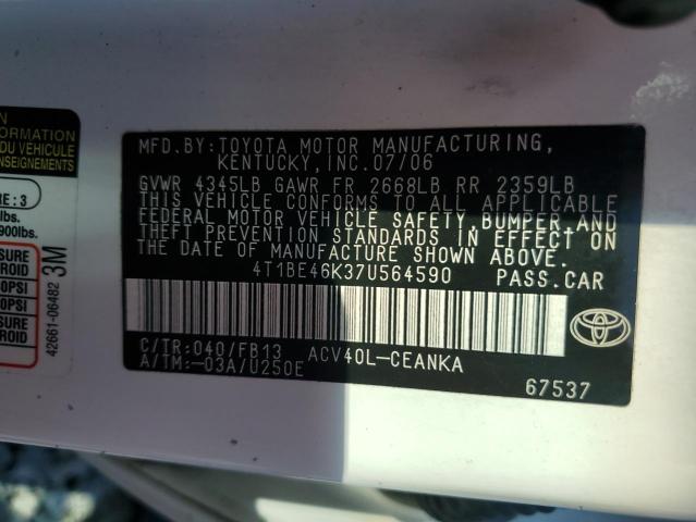 4T1BE46K37U564590 - 2007 TOYOTA CAMRY CE თეთრი ფოტო 12