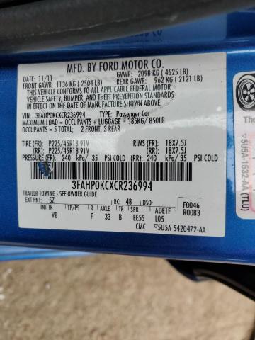 3FAHP0KCXCR236994 - 2012 FORD FUSION SPORT BLUE photo 12