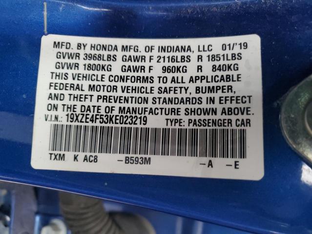 19XZE4F53KE023219 - 2019 HONDA INSIGHT EX BLUE photo 12