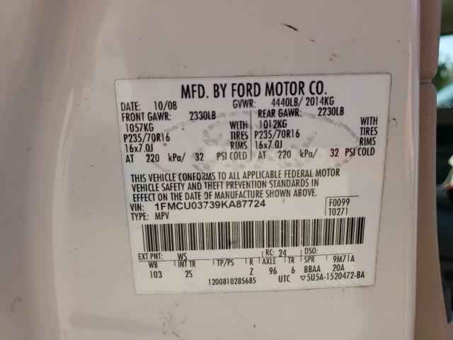 1FMCU03739KA87724 - 2009 FORD ESCAPE XLT WHITE photo 13