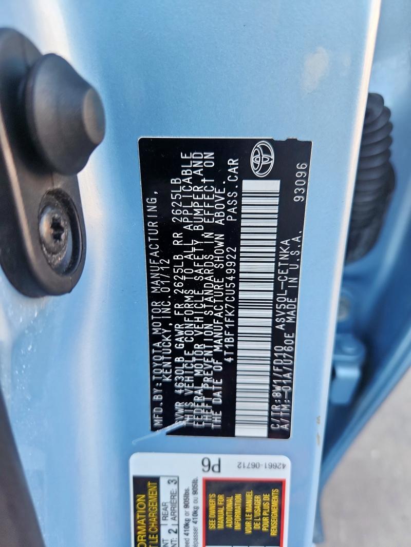 4T1BF1FK7CU549922 - 2012 TOYOTA CAMRY BASE 蓝色 照片 13