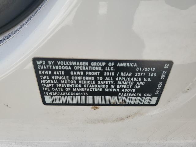 1VWBH7A35CC048175 - 2012 VOLKSWAGEN PASSAT SE Білий фото 12