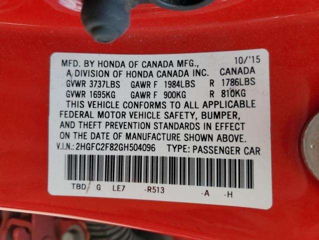 2HGFC2F82GH504096 - 2016 HONDA CIVIC EX RED photo 13