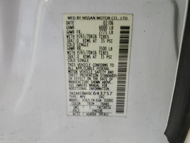 5N1AR18WX6C643757 - 2006 NISSAN PATHFINDER LE თეთრი ფოტო 13