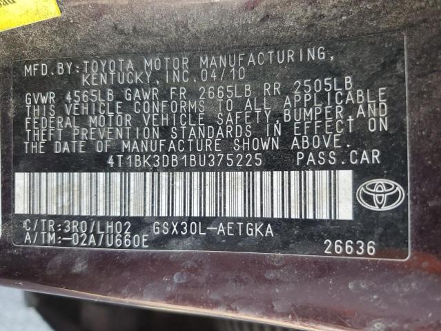 4T1BK3DB1BU375225 - 2011 TOYOTA AVALON BASE Марун фото 12