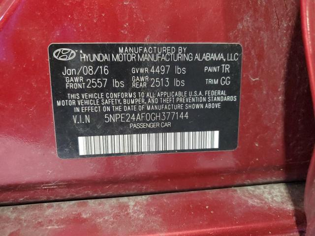 5NPE24AF0GH377144 - 2016 HYUNDAI SONATA SE RED photo 12