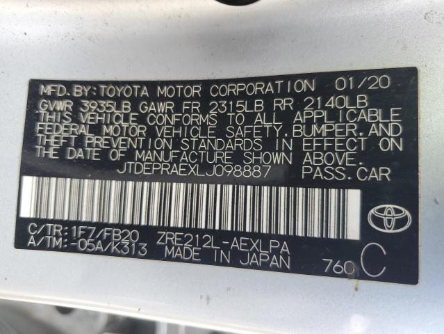 JTDEPRAEXLJ098887 - 2020 TOYOTA COROLLA LE SILVER photo 12