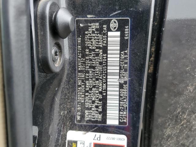 4T1BK1FK7CU517046 - 2012 TOYOTA CAMRY SE BLACK photo 12