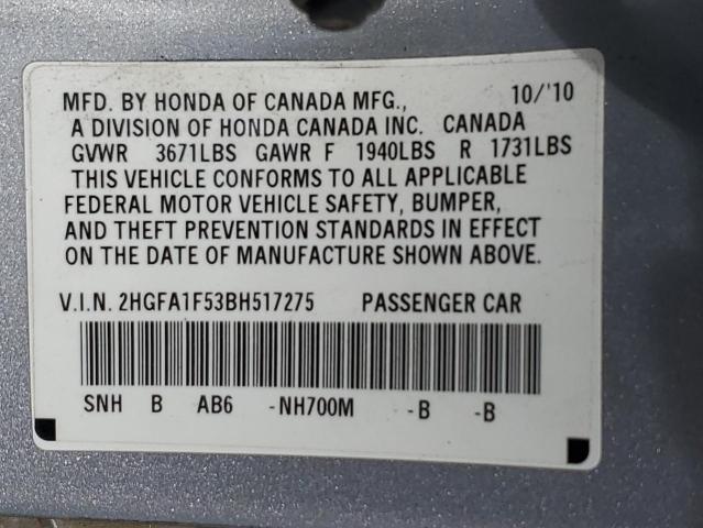 2HGFA1F53BH517275 - 2011 HONDA CIVIC LX Сріблястий фото 12