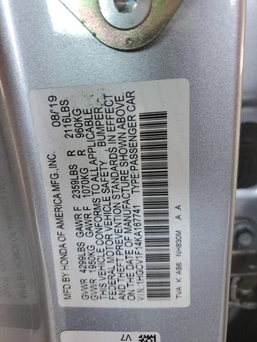 1HGCV1F14KA167741 - 2019 HONDA ACCORD LX 银色 照片 12