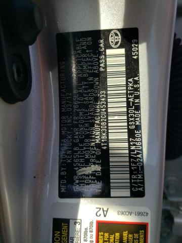 4T1BK3DB2CU453433 - 2012 TOYOTA AVALON BASE SILVER photo 12