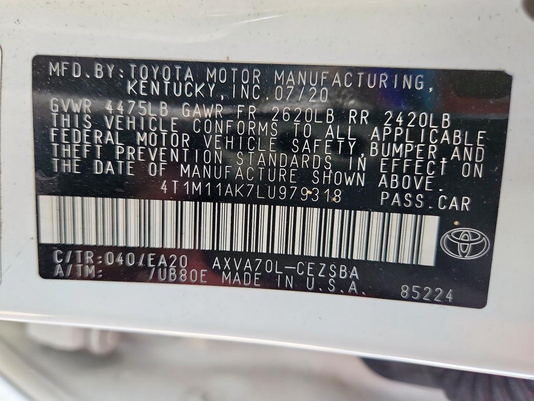 4T1M11AK7LU979318 - 2020 TOYOTA CAMRY SE WHITE photo 12