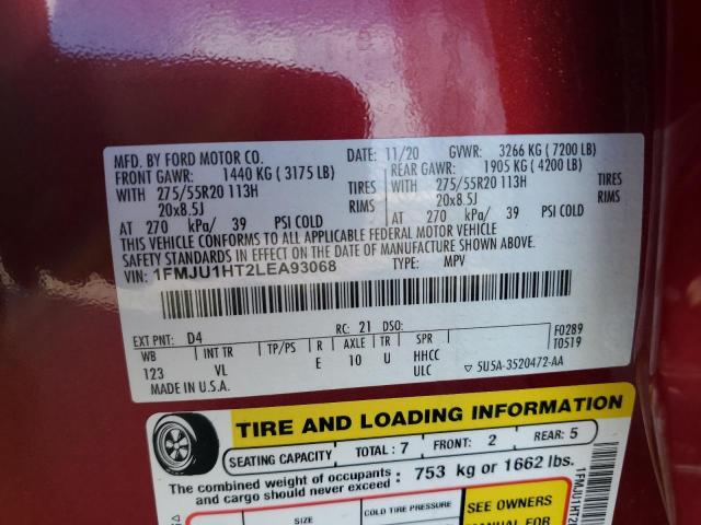 1FMJU1HT2LEA93068 - 2020 FORD EXPEDITION XLT 红色 照片 13