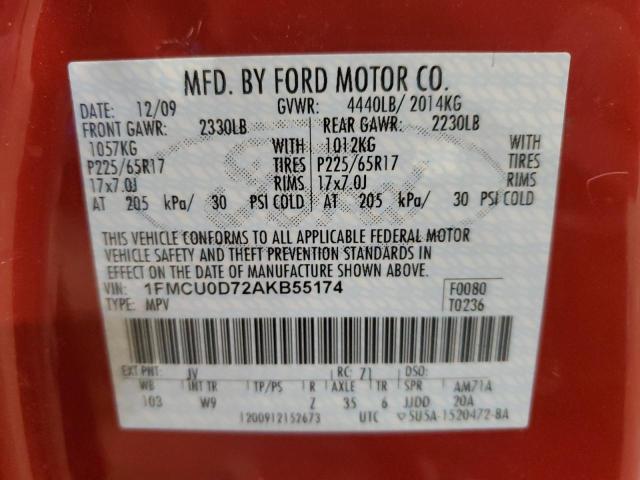 1FMCU0D72AKB55174 - 2010 FORD ESCAPE XLT RED photo 12