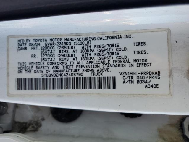 5TEGN92N64Z465790 - 2004 TOYOTA TACOMA DOUBLE CAB PRERUNNER WHITE photo 12