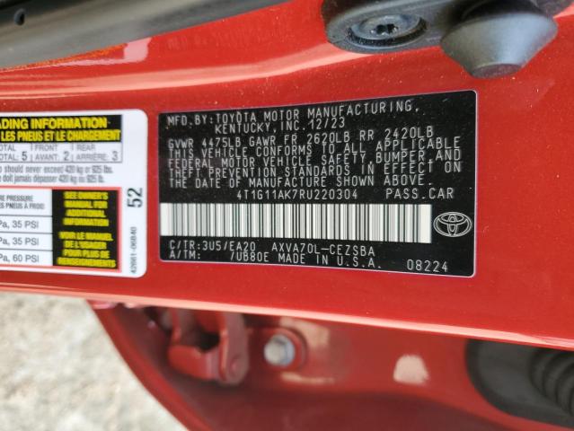4T1G11AK7RU220304 - 2024 TOYOTA CAMRY SE NIGHT SHADE RED photo 12