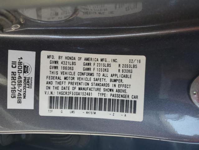 1HGCR2F50GA152481 - 2016 HONDA ACCORD SPORT GRAY photo 12