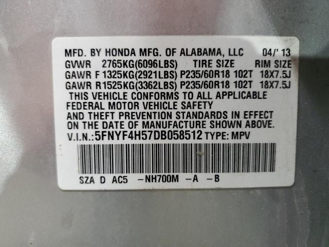 5FNYF4H57DB058512 - 2013 HONDA PILOT EXL Серебристый фото 13