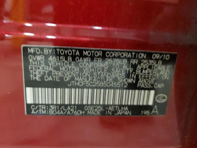 JTHCF5C25B5045512 - 2011 LEXUS IS 250 MAROON photo 12