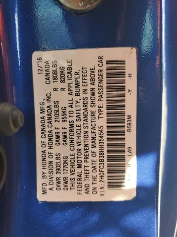 2HGFC3B38HH354545 - 2017 HONDA CIVIC EX BLUE photo 12
